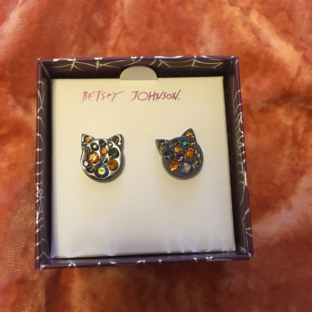 Betsey Johnson Halloween rhinestone cat earrings